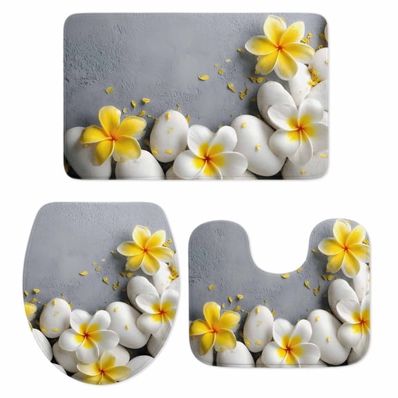 Plumeria Flowers Bathroom Rugs Set Country White Yellow Floral Grey Stone Non Slip Absorbent Soft Bath Mats 3 Piece Set with Bathroom Rug, U-Shaped Floor Mat, Toilet Seat Cover Large Size