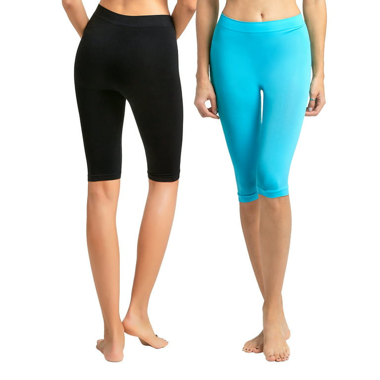 Women's 19 Seamless One Size Nylon Spandex Knee Length Slim Tight Cropped  Leggings (Aqua/Black)