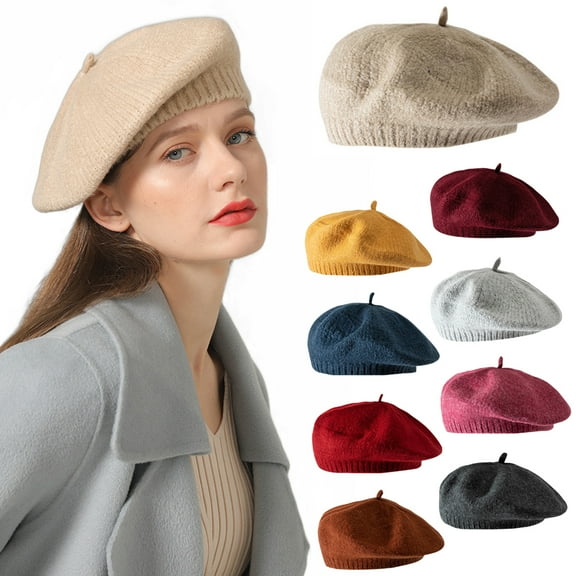 Womens Winter Beret Hat, Wool Knit French Hat, Warm Casual Slouchy Beanie Cap
