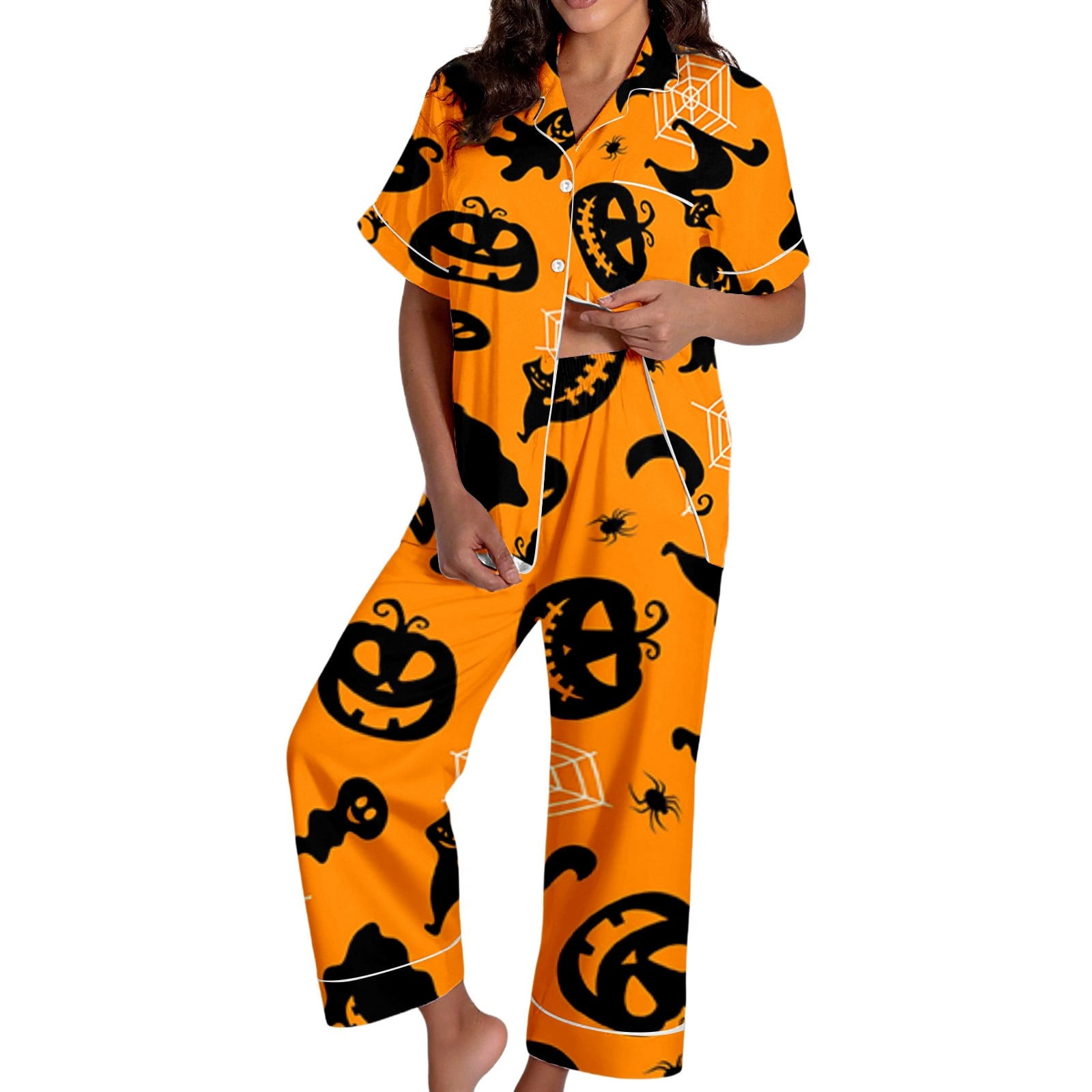 Chemise à Manches Courtes Imprimé Citrouille Halloween Pantalon Long Ensemble De Pyjama Pour Femmes Vêtements De Nuit