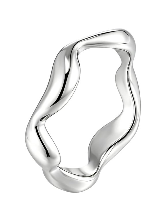 Womens Delicate Irregular Wave Twist Ring | Stainless Steel Fluid Curved Stackable Design, High Polished Shiny Chunky Minimalist Art Statement Jewelry