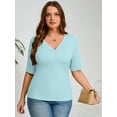 thumbnail image 2 of SHOWMALL Women's Plus Tops Henley Elbow Sleeve Top Casual Ribbed Curved Shirts Sky Blue 5X Knit Fitted Effortless Style Top, 2 of 7
