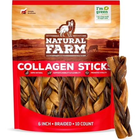 Natural Farm Braided Collagen Chews for Dogs (6 Inch, 10 Pack), Collagen Sticks, Natural Dog Chews, Long Lasting, for Small, Medium and Large Dogs, Odor-Free, Rawhide Alternative