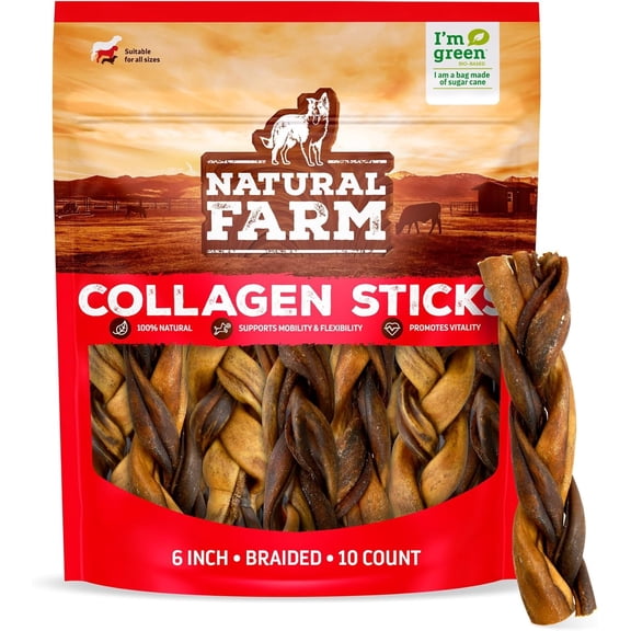 Natural Farm Braided Collagen Chews for Dogs (6 Inch, 10 Pack), Collagen Sticks, Natural Dog Chews, Long Lasting, for Small, Medium and Large Dogs, Odor-Free, Rawhide Alternative