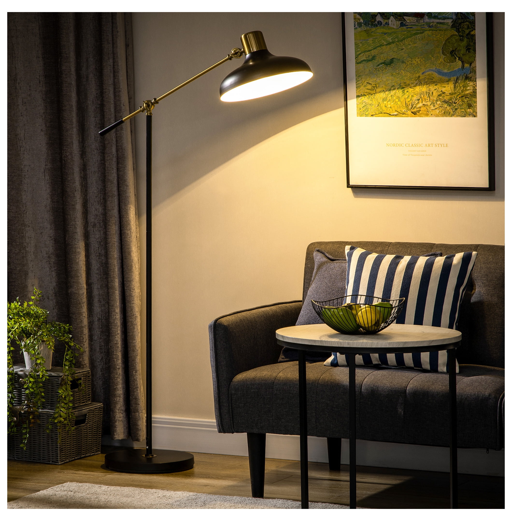 Adjustable Floor Lamps for Living Room, Standing Lamp for Bedroom with Balance Arm, Adjustable Head and Height, Tall Black and Gold Lamp (Bulb not Included)