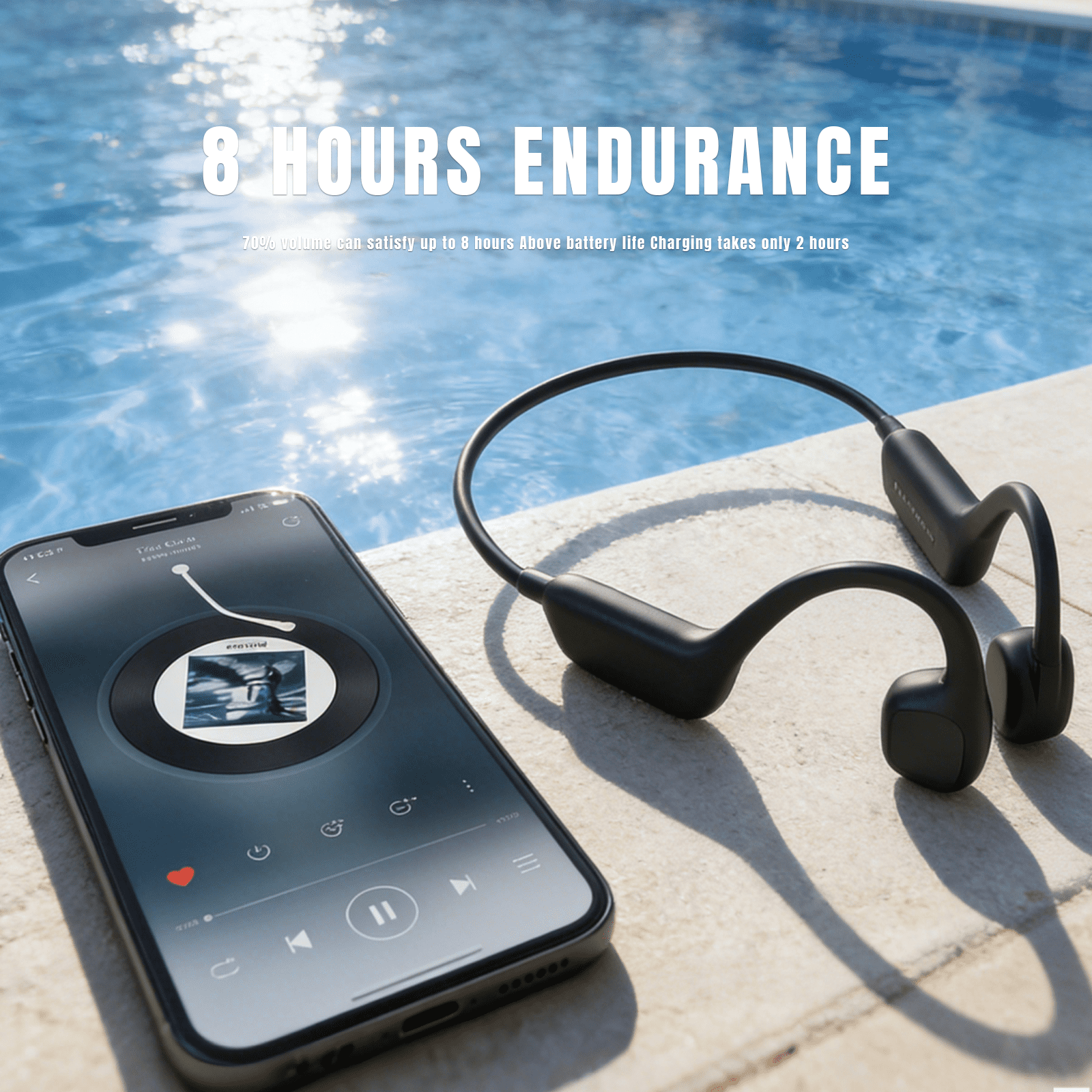 Bone conduction headphones, Bluetooth 6.0, 32GB memory, IPX8 waterproof, 8H battery life, magnetic charging for swimming, running, cycling.
