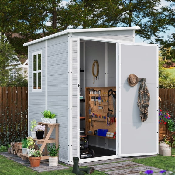 5 x 4 FT Plastic Outdoor Storage Shed with Floor, Resin Outside Sheds with Window, Garden Tool Shed with Lockable Door for Patio Storage, Backyard
