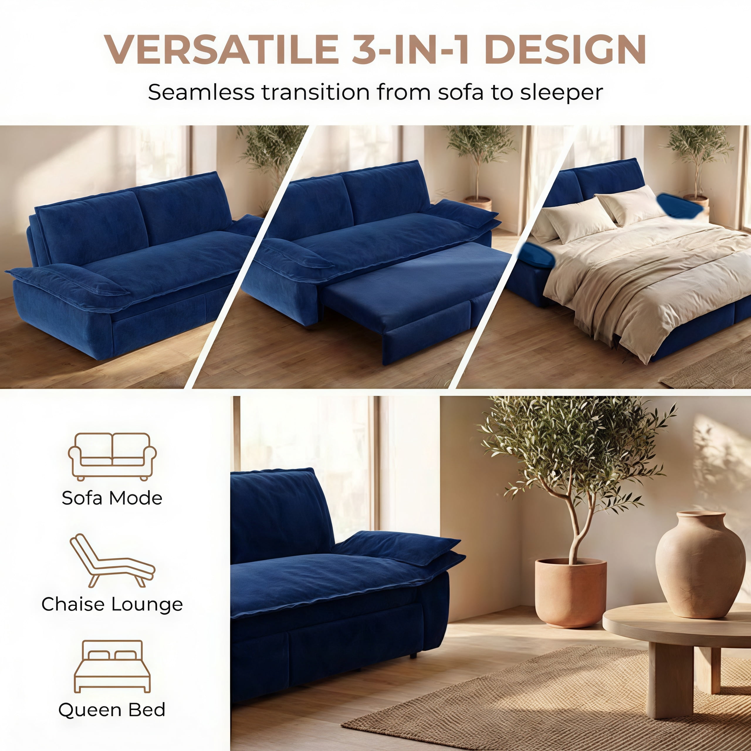 3-in-1 Queen Convertible Sleeper Sofa Bed, 73.2" Velvet Pull Out Couch with Extra Deep Seat & Pillow Top Armrests, Modern Folding Futon Lounge, Blue