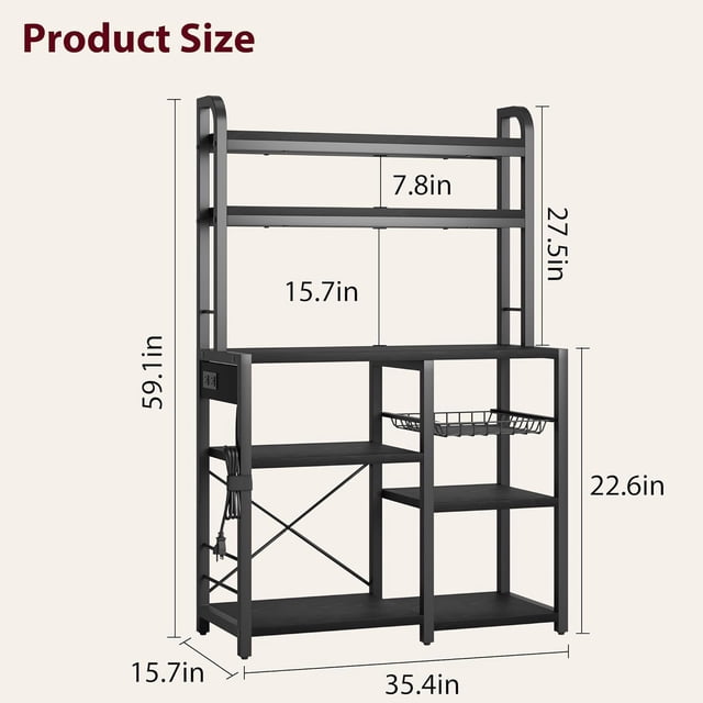 GloryStar Baker Rack with Power Outlet - Microwave Stand with Storage, Industrial Microwave Stand, Kitchen Buffet Table with Large Storage, 6-Tier Kitchen Storage Rack