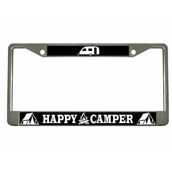 Happy Camper Adventure Style Metal License Plate Frame/Car Accessories Car Tag Holder Cover (Chrome/Black/White)