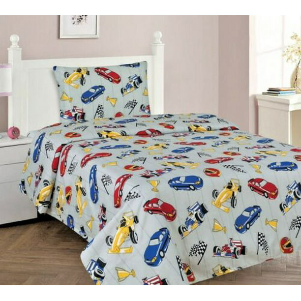 Race Car Twin Size 3 Piece Kids Printed, Twin Bed Flat Sheet Dimensions