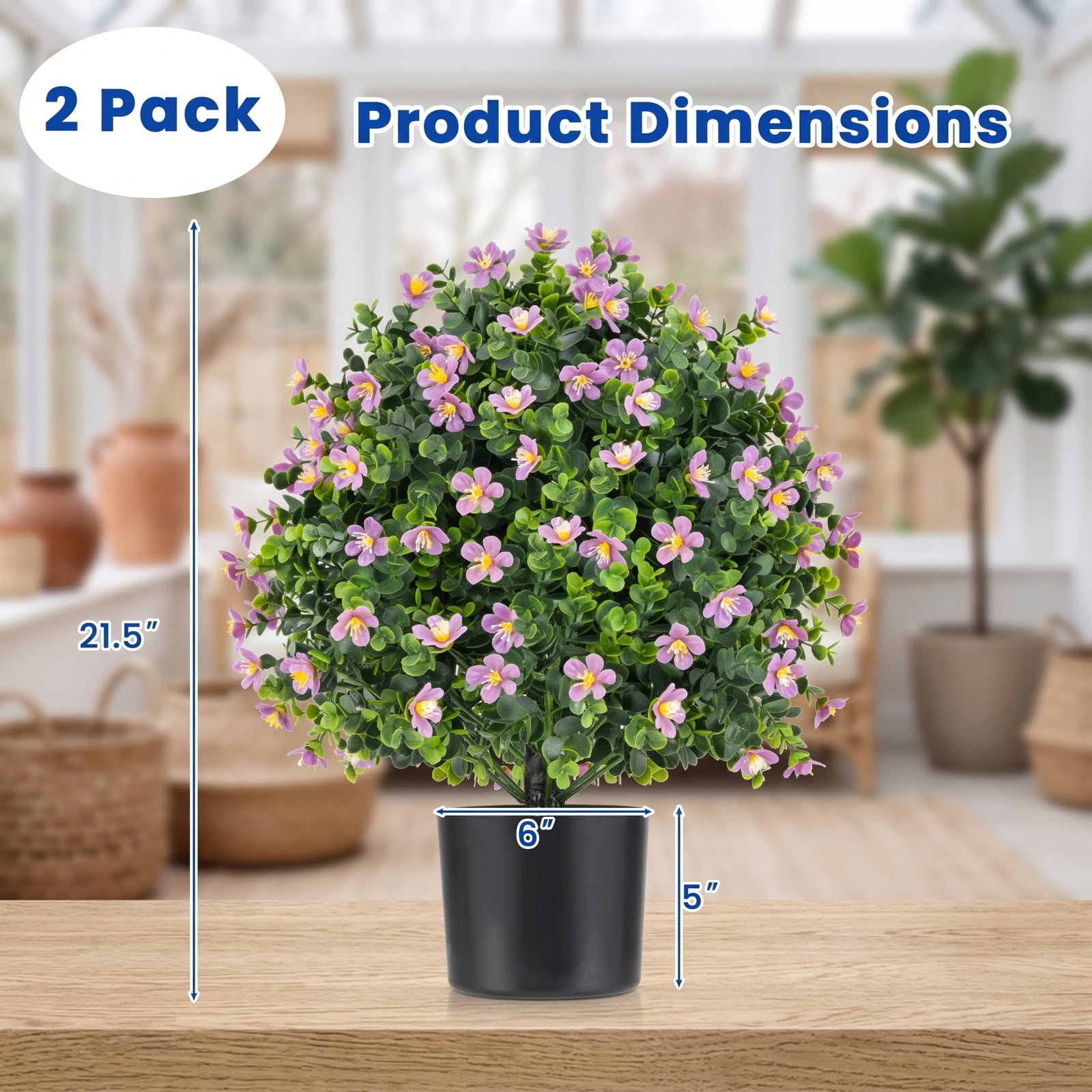 ALPULON 2 Pack Artificial Boxwood Topiary Ball Trees, 21.5 Inch Faux Shrub Bushes with Purple Flowers, Cement-Filled Base Fake Potted Plants for Front Porch, Purple