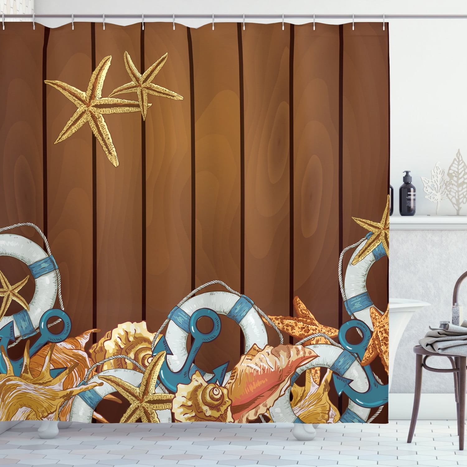 Shower Curtain Set, Seashells Anchors Starfish on Wooden Backdrop Nautical Elements Icon Sea