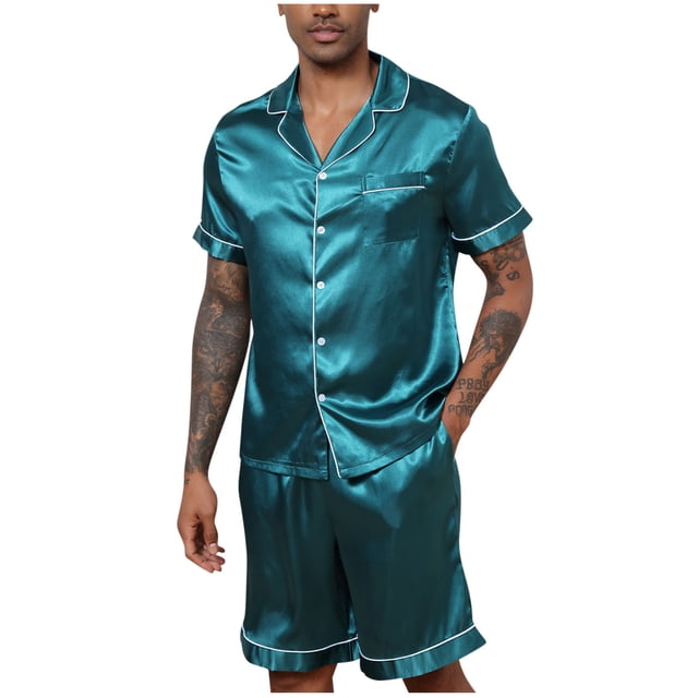 Ensemble de Peignoir pour Hommes, Tenue d'Intérieur en Polyester Uni à Effet Satin avec Col Rabattu et Manches Courtes, Comprend Haut et Bas, Tenue Décontractée d'Hiver