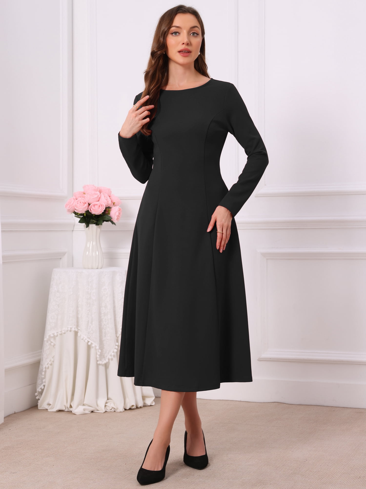 DARING DIVA Women's Long Sleeve Formal Crewneck A-Line Maxi Dress S Black