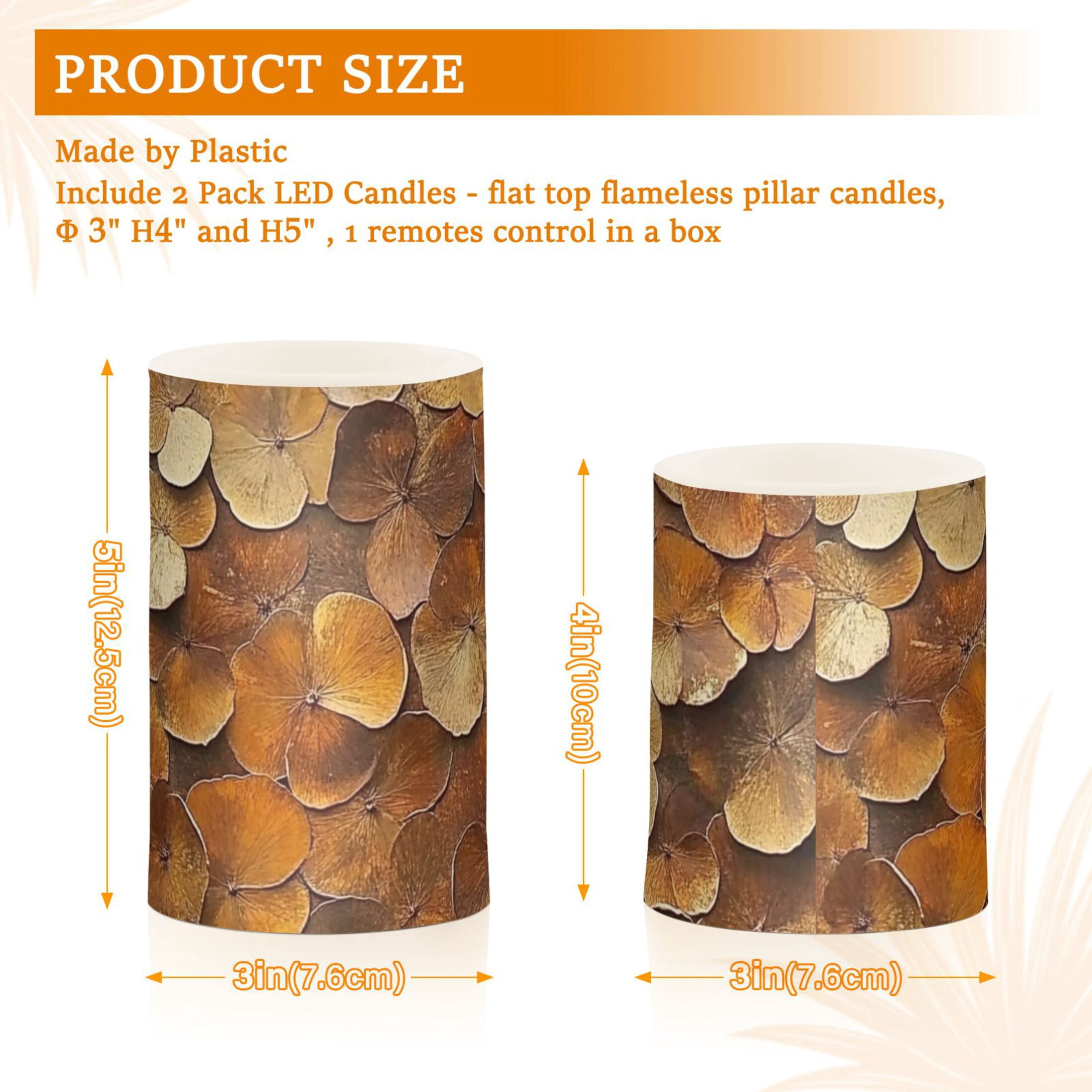 Brown Three Leaf Flickering Flameless Candles Battery Operated with Remote Timer LED Pillar Candles Set of 2