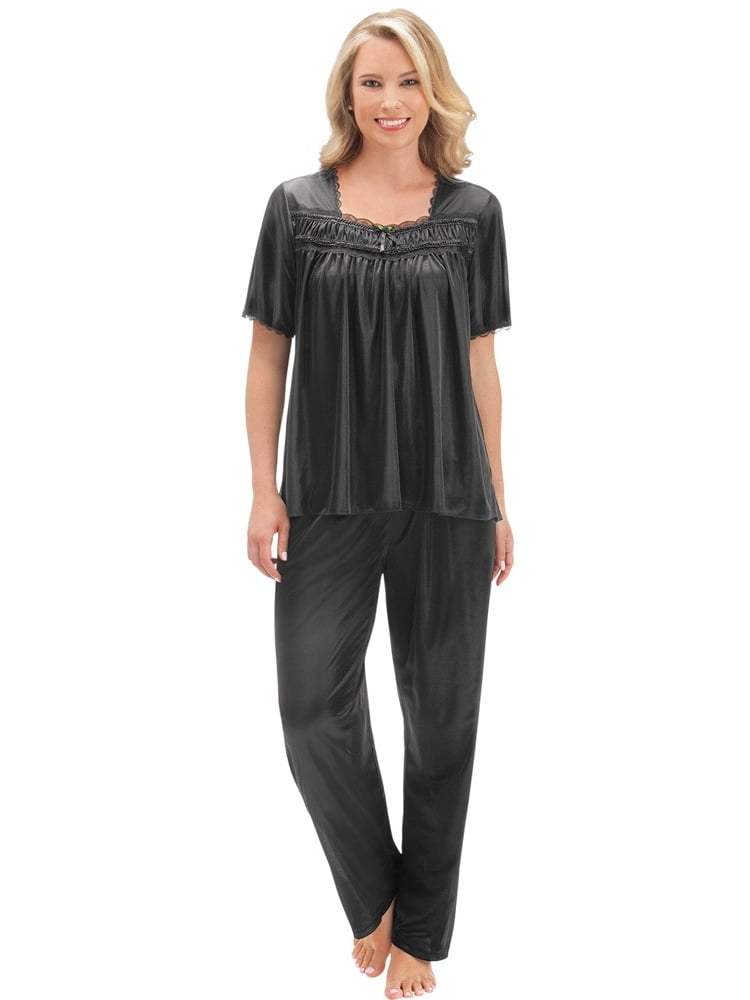 Collections Etc. Women's Lace Trim Silky Feel Sleepwear Pajama Set, Black, Large