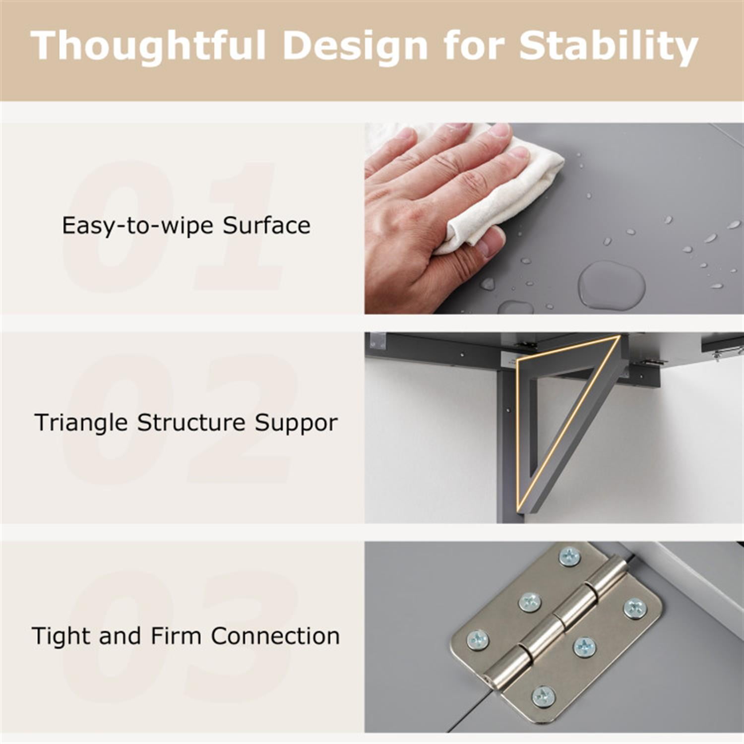 Demi Bonn 31.5" Wall Mounted Folding Table for Small Spaces, Laptop Workstation Desk for Laptops, Books, Tablets, and Art, Gray