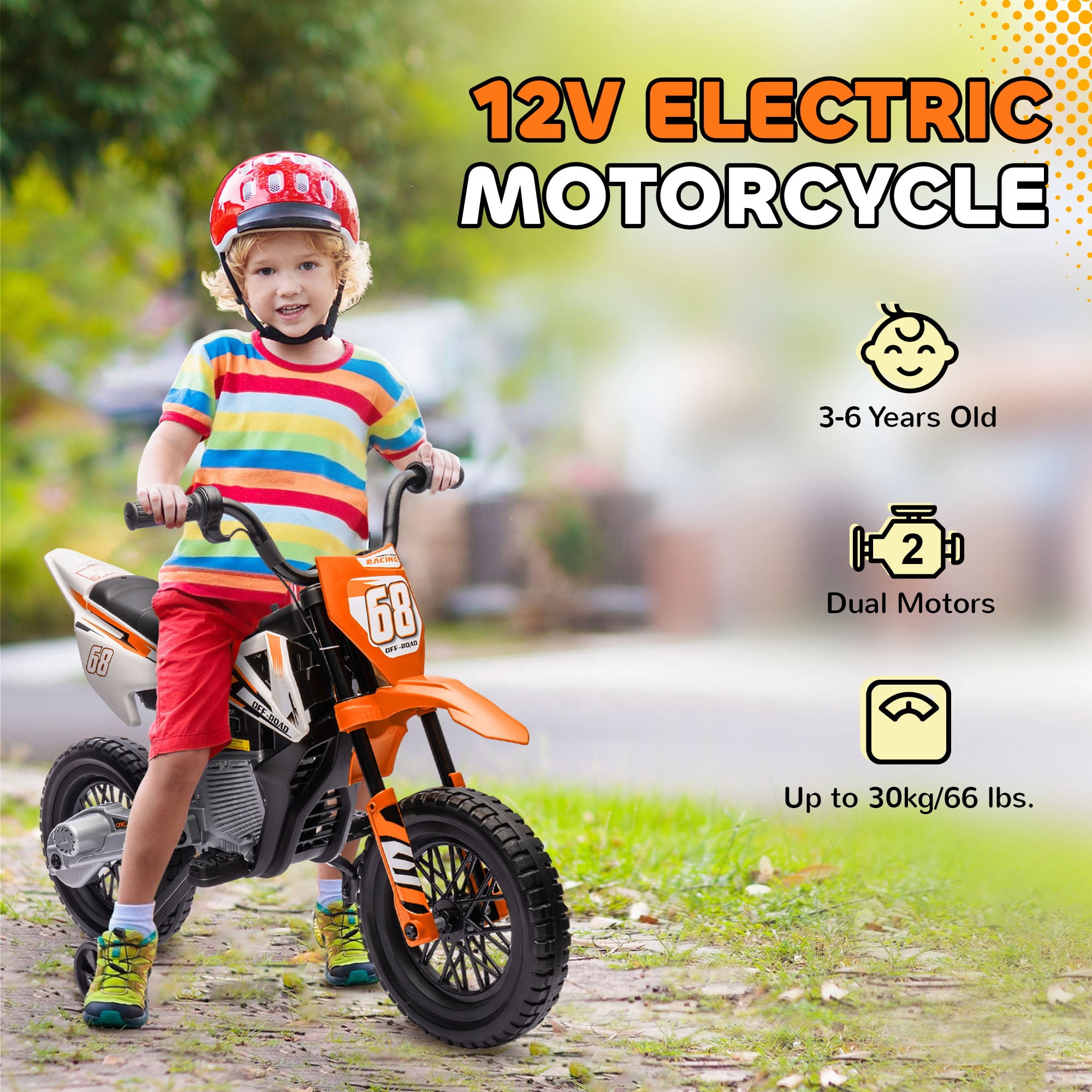 Qaba Kids Motorcycle with Twist Grip Throttle, 12V Electric Motorcycle with Training Wheels, Rear Suspension & Music, Orange