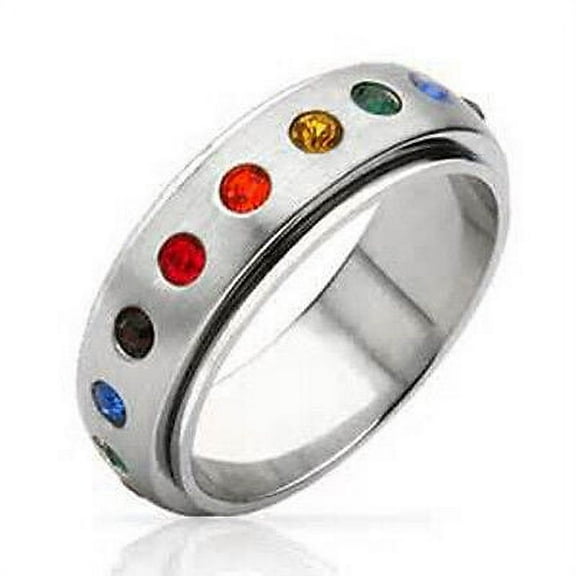 Pride Shack - Rainbow CZ Spinner Ring - LGBT Lesbian Gay Pride Ring Steel