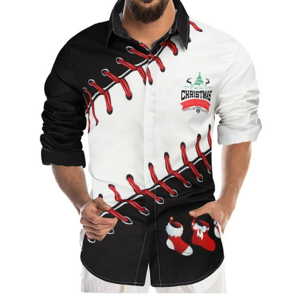 Lilgiuy New Christmas 3D Digital Printing Lapel Button Long Sleeve Men's Shirt