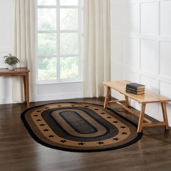 VHC Brands Farmhouse Star, Braided Jute Area Rug, Non-Skid Pad, Oval, Black Tan, 60x96