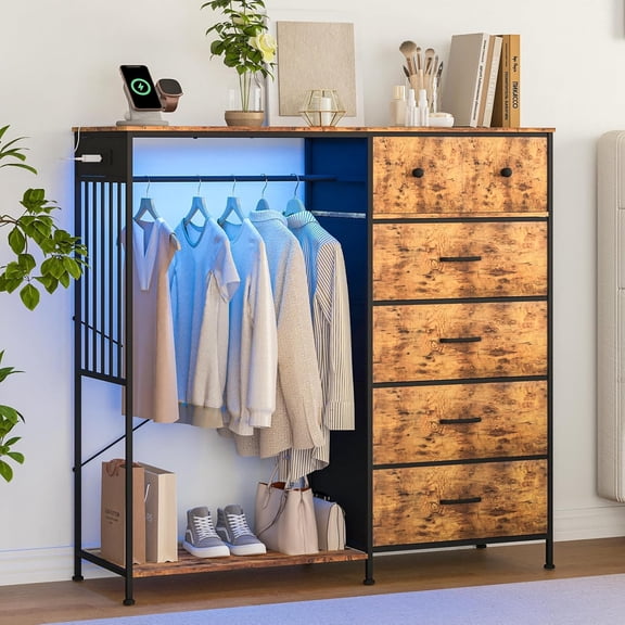 6 Drawers Dresser for Bedroom with Hanging Rack, LED Lights & Charging Station, Wooden Top Storage Chest of Drawers with Charging Station & LED Lights, Grid Panel, Closet