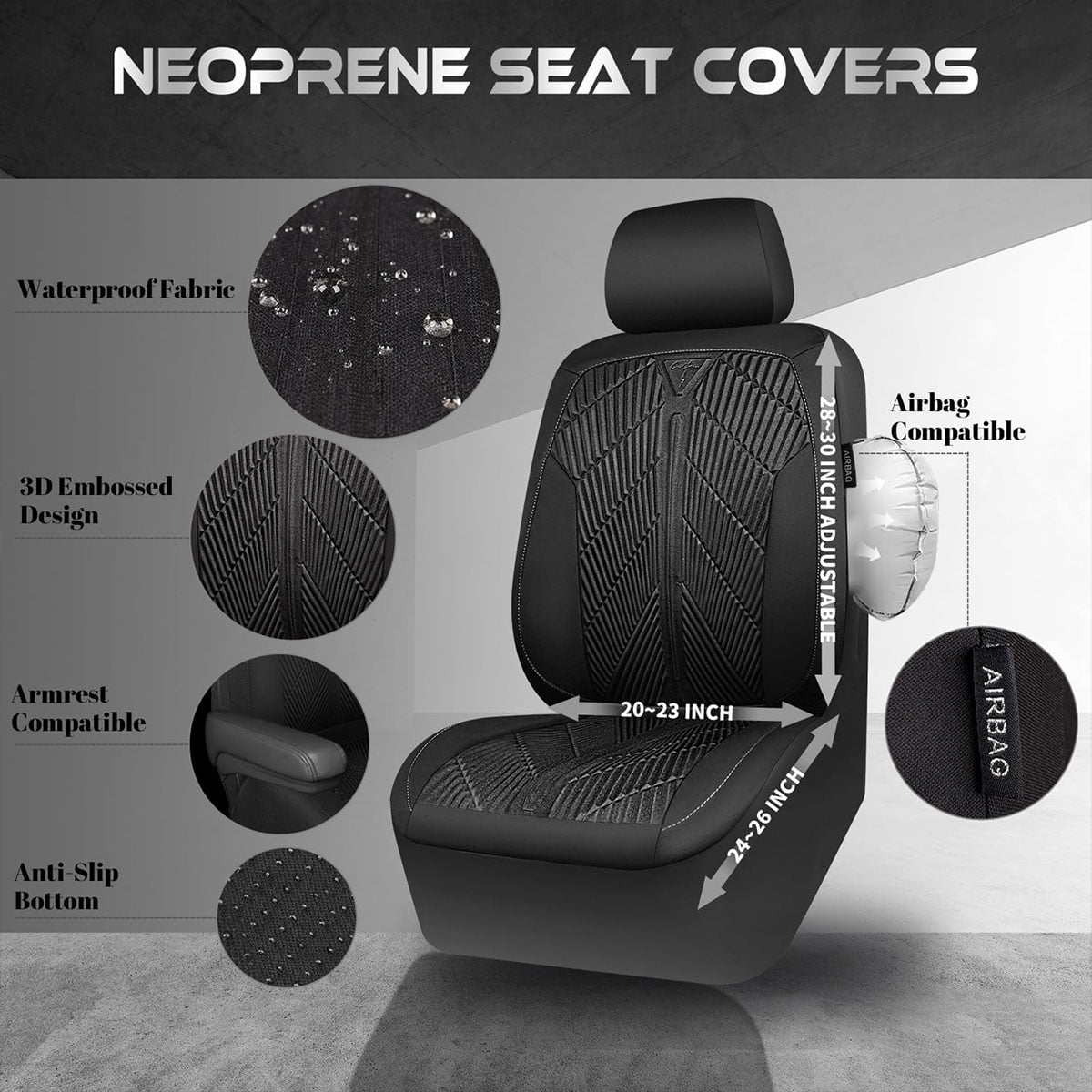CAR GRAND neoprene waterproof car seat covers front pair wet suit all weather non slip durable universal fit SUV sedan truck van automotive arm rest airbag compatible black