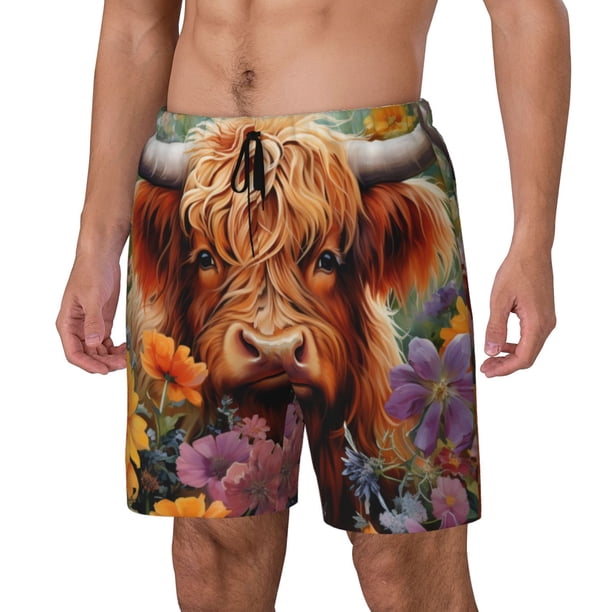 Balery Countryside Colorful Floral Cow Bañador para hombre, shorts de playa de secado rápido con entrepierna y forro de compresión-Medium