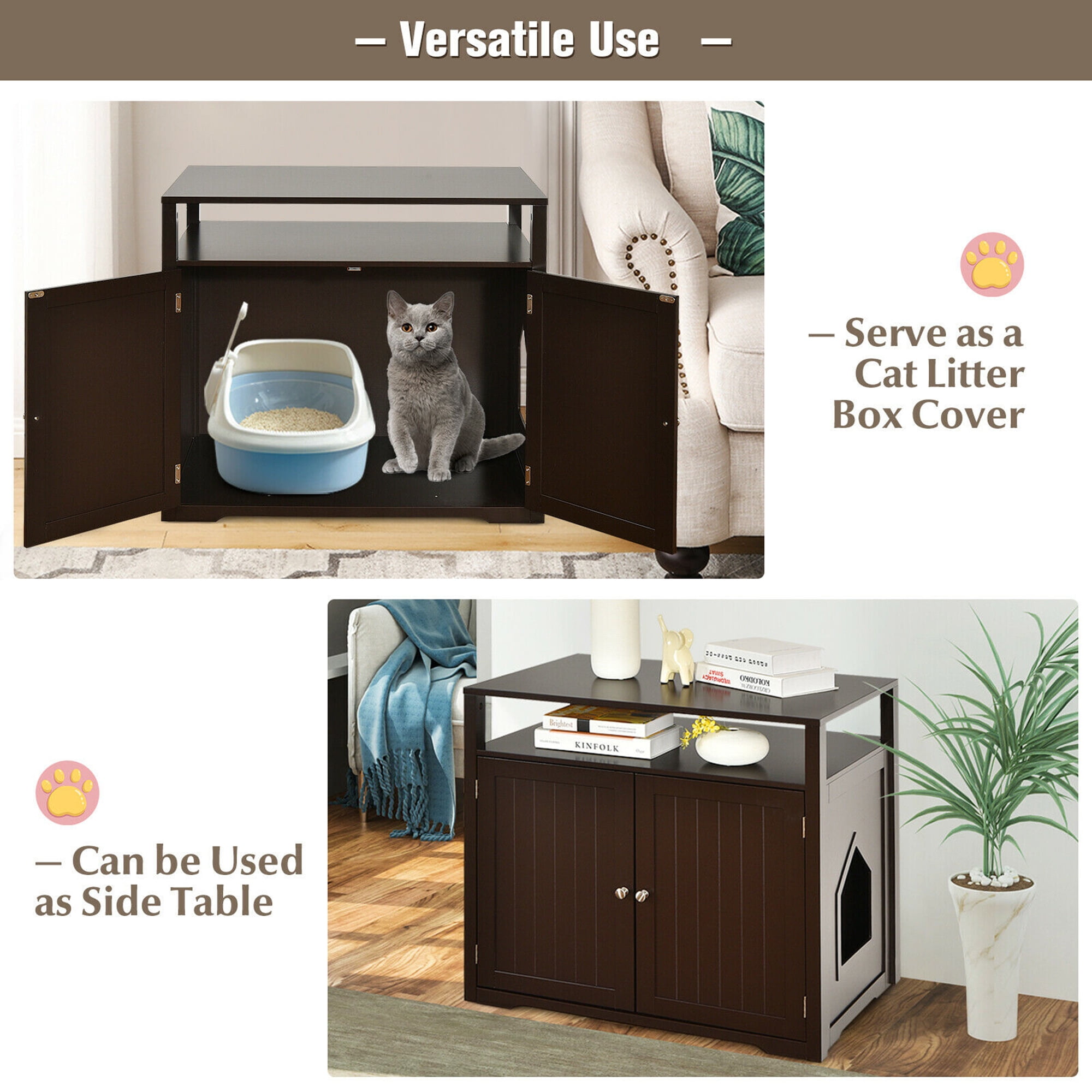 Gymax Brown Wooden Cat Litter Box Enclosure with Storage Layer