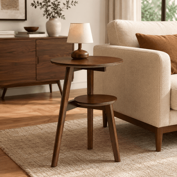 23.6" Solid Wood Round Side Table, 2-Tier End Table with Shelf, Walnut