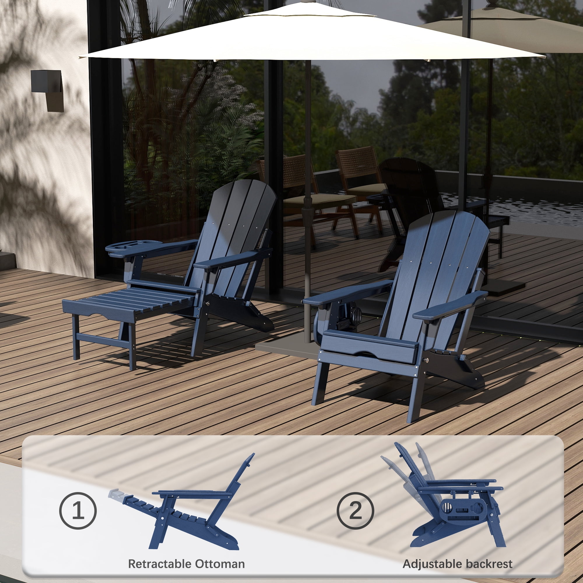 2PCS Folding Adirondack Chair with Retractable Ottoman, HDPE All-Weather Resistant Adjustable Backrest Adirondack Chair w/4 in 1 Cup Holder Trays, Navy Blue