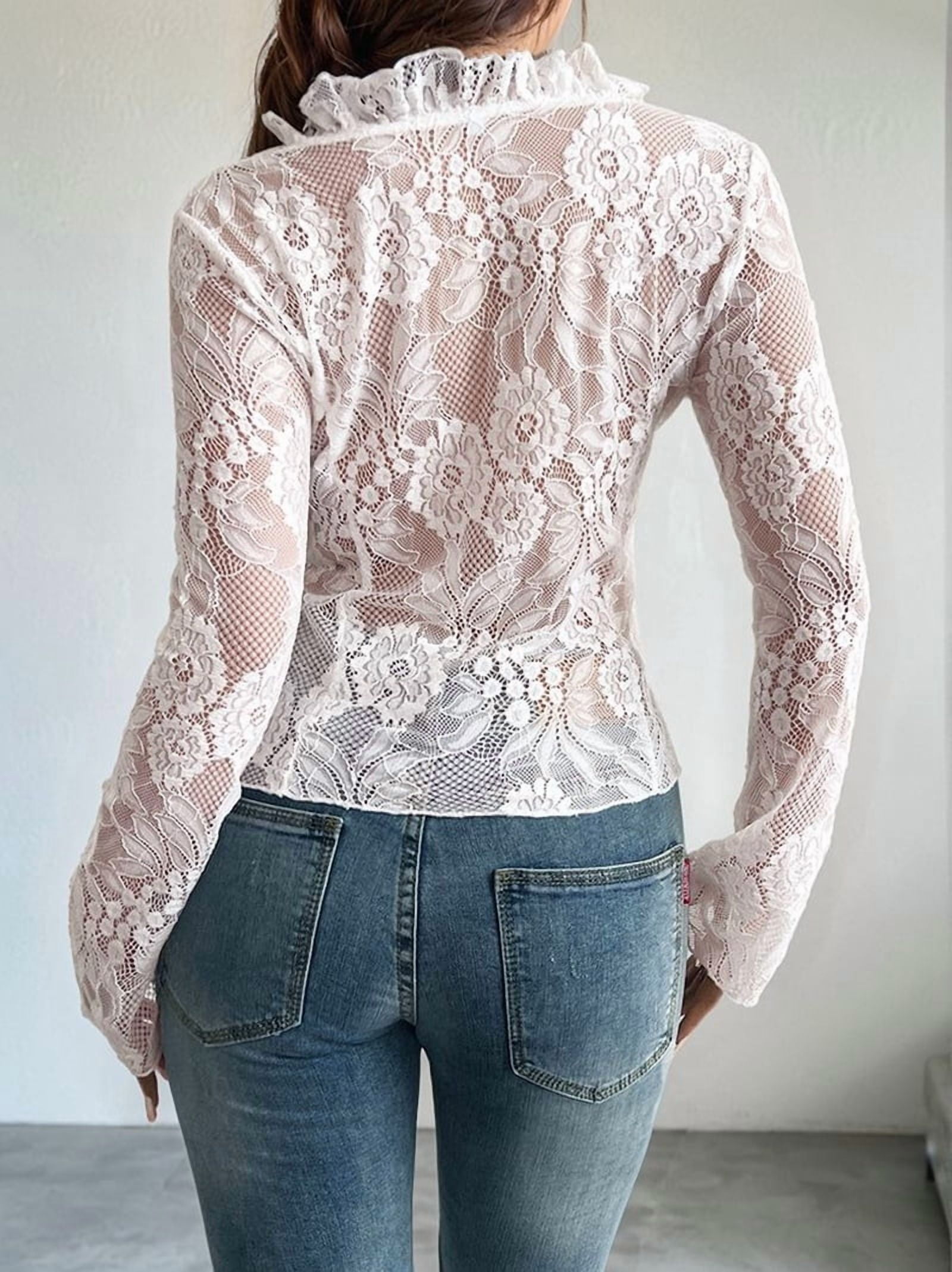 Women'S V Neck Lace Sheer Top Mesh See Through Shirts Open Front