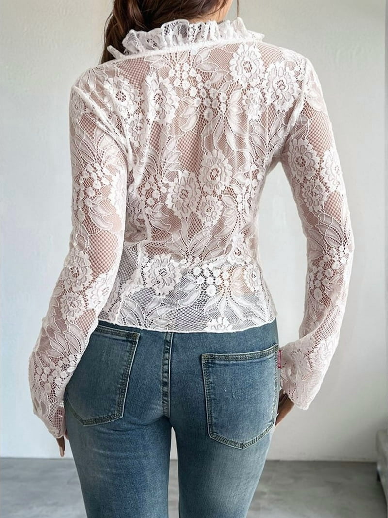 Women'S V Neck Lace Sheer Top Mesh See Through Shirts Open Front