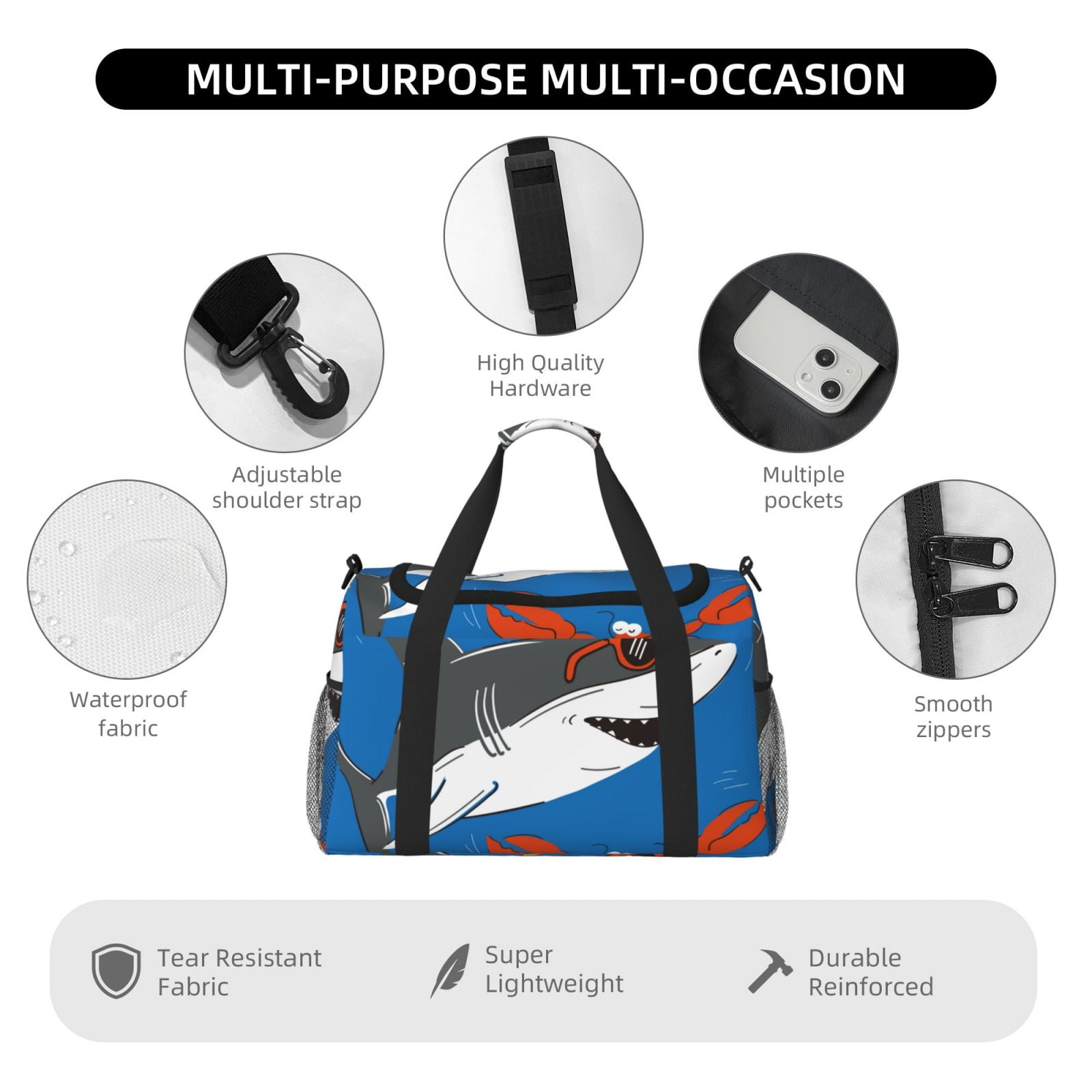 Fuzoiu Shark With Sunglasses and Lobste Print Travel Duffle Bag,Carry On Tote Bags,Duffel Bag,Sport Gym Bag, Hospital Bag for Labor and Delivery, Overnight Bag,Luggage Bag