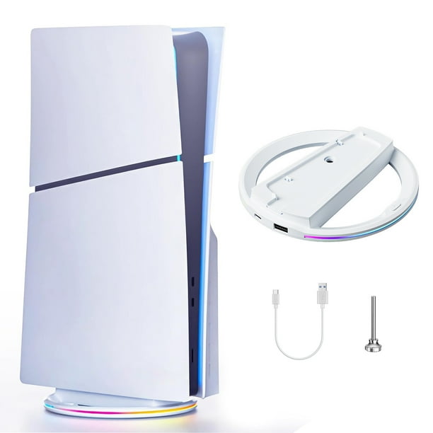 Soporte vertical RGB para PS5/PS5 Slim/PS5 Pro, base antideslizante para consolas Digital Edition y Disc Edition, accesorio que ahorra espacio con ranura de almacenamiento para soportes