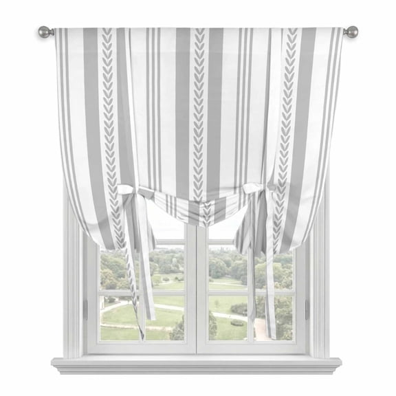 Grey Line Striped Tie Up Curtains for Kitchen Windows,Adjustable Rod Pocket Valance 45 Inch Short, Farmhouse Modern Geometric Stripes Window Treatment Balloon Roman Blind Shade, 52" x 45"
