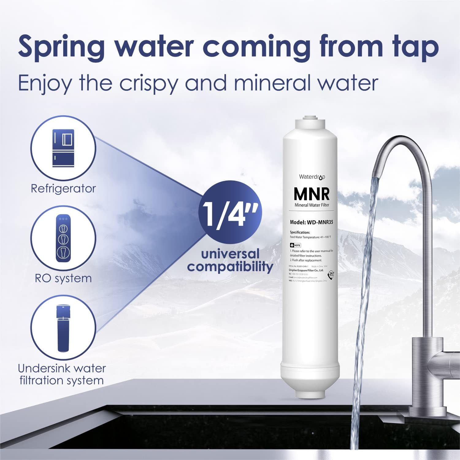 Waterdrop Remineralization Filter WD-MNR35, RO Mineral Filter, 1/4" Quick Connect Mineral Filter For Reverse Osmosis System, Under Sink Water Filtration Restore Essential Minerals for RO System