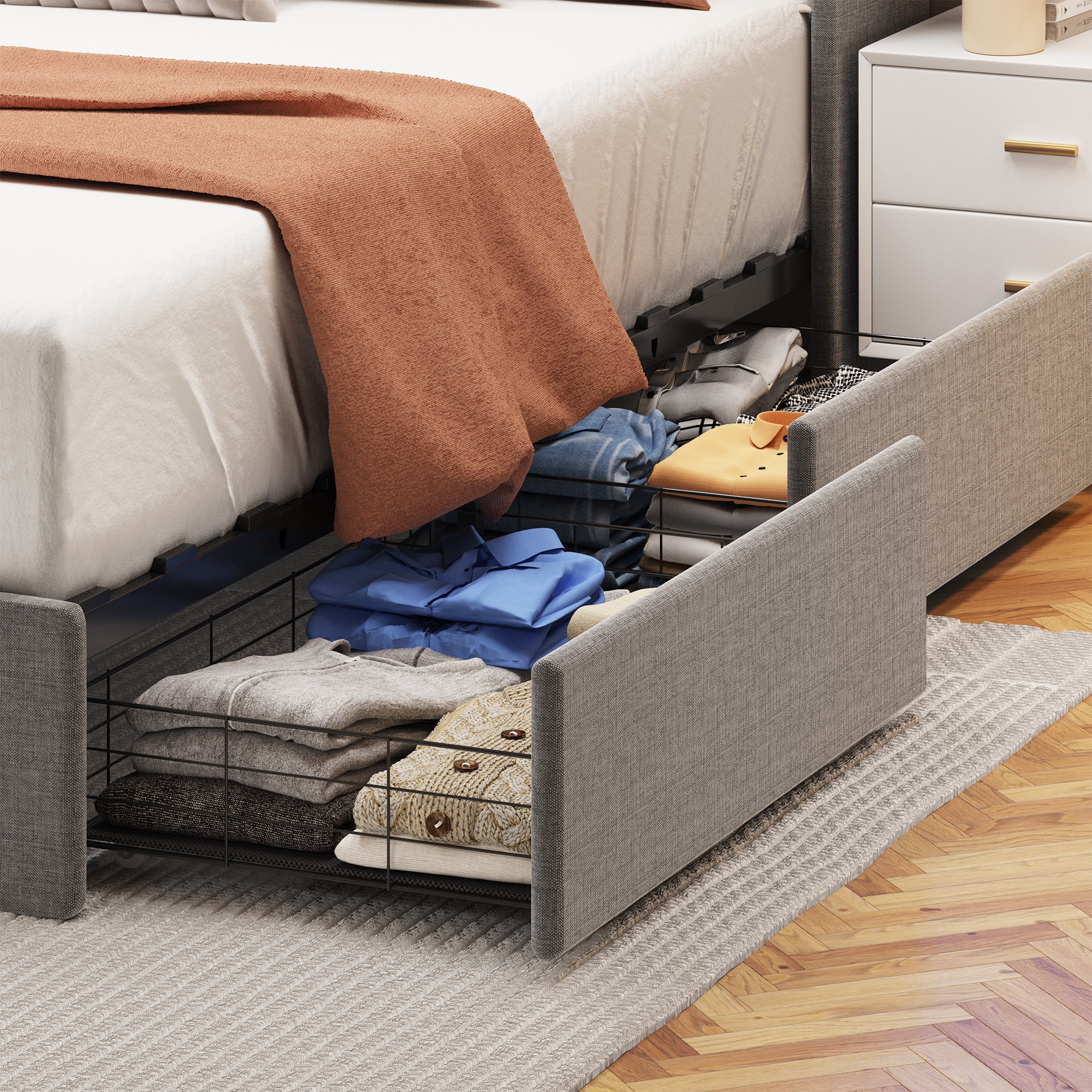 Euroco Queen Size Platform Bed with LED Light, Modern Storage Bed with 4 Drawers, Light Grey
