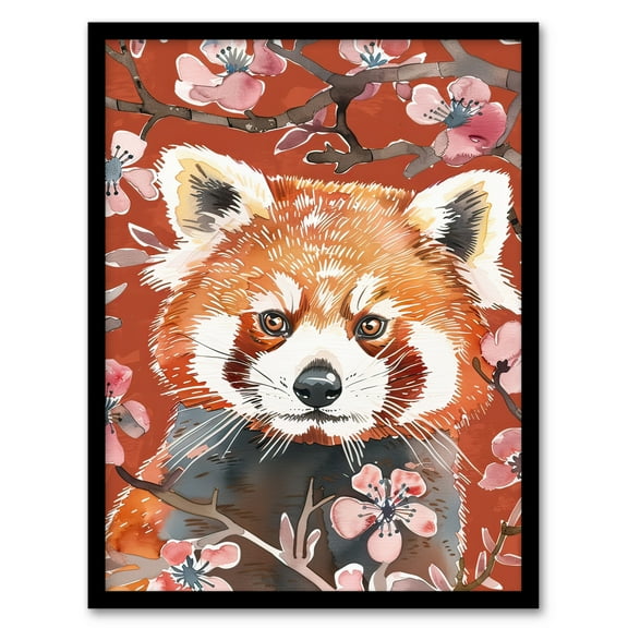 Artery8 Red Panda Cherry Blossom Tree Branch Watercolour Living Room Art Print Framed Poster Wall Decor 12x16 inch