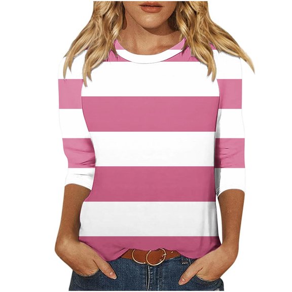 zbxnLI Striped Color Block Tshirts for Women 3/4 Sleeve Shirts Crew Neck Shirt Fashion Trendy Tunic Clothing Lightweight Blouse