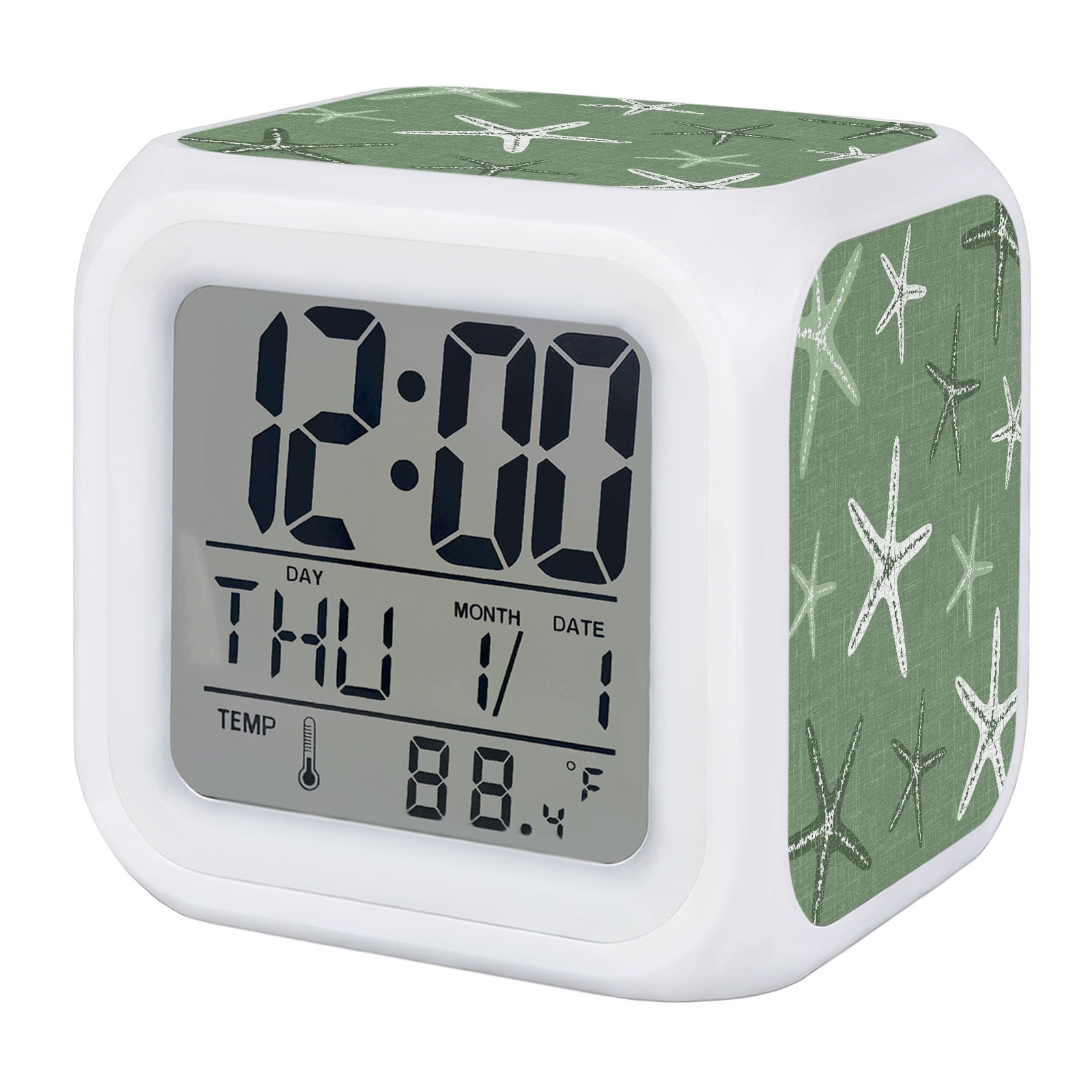 Vintage Green Starfish Digital Alarm Clock for Bedrooms,Smart LED Alarm Clock with 7 Color Changing Night Light,Summer Coastal Beach Marine Life Silent Wake Up Clocks for Sleep Study 3.2x3.2