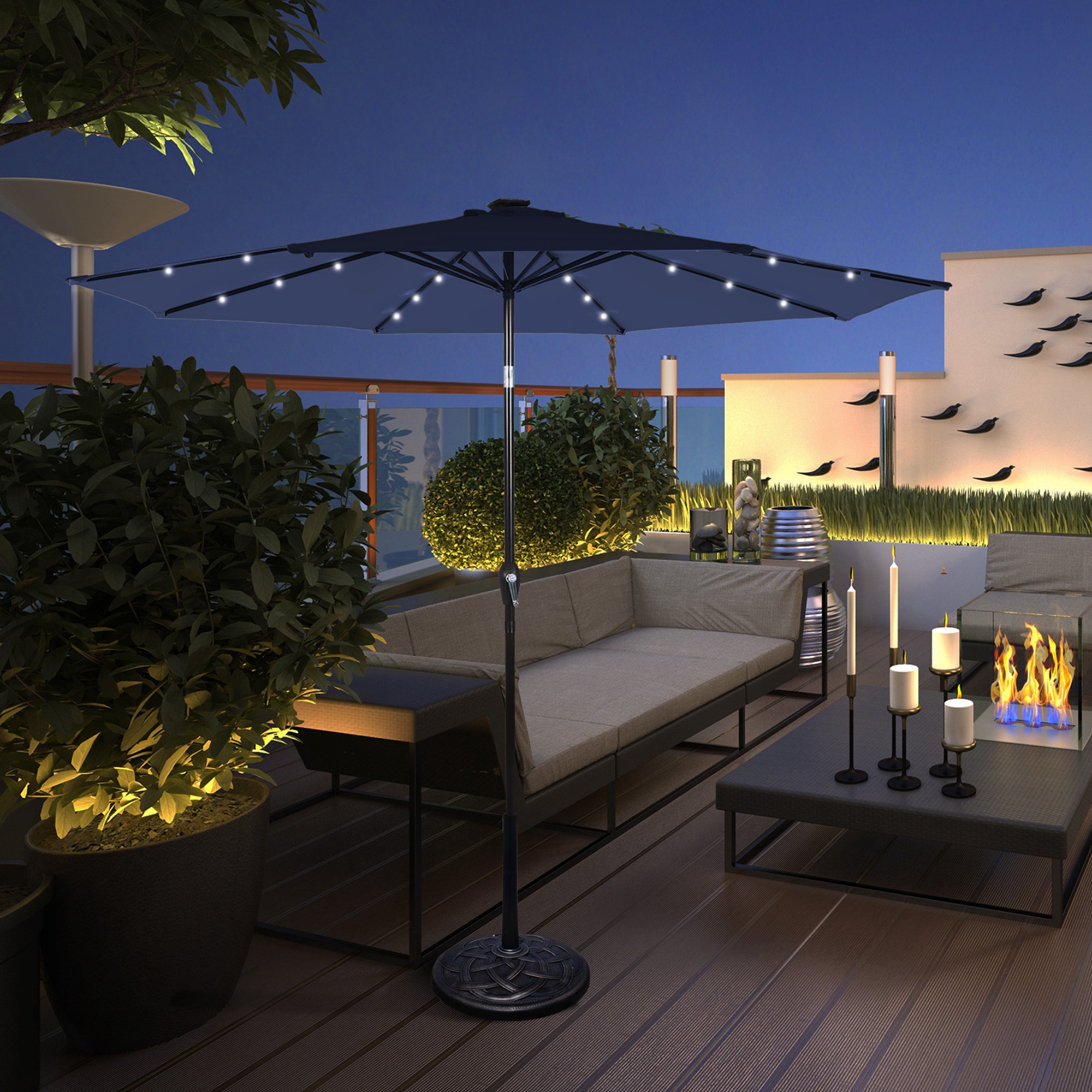 Costway 9 FT Patio Solar Umbrella LED Patio Market Steel Tilt with Crank Outdoor Navy