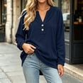 thumbnail image 5 of Sweatshirt Vintage Cotton Pullover Tops Women Fashion V Neck Button Solid Color Long Sleeve Pullover Top Navy M, 5 of 6
