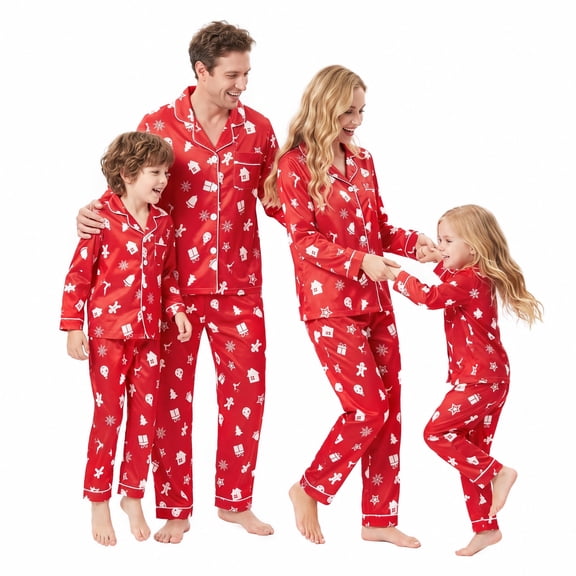 NIPAXO Family Matching Christmas Pajamas Set Button-Down Holiday Sleepwear Festive Print with Gingerbread Man & Snowflakes for Dad Mom Kids