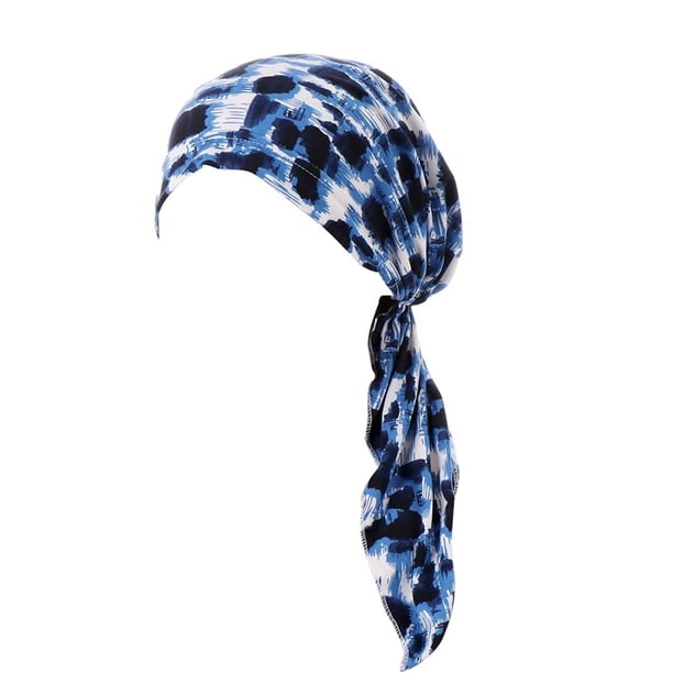 Qarigey Sombrero turbante de bandana preatado con estilo azul, gorro de cobertura total para la cabeza para mujer, tamaño adecuado Accesorio para el cabello
