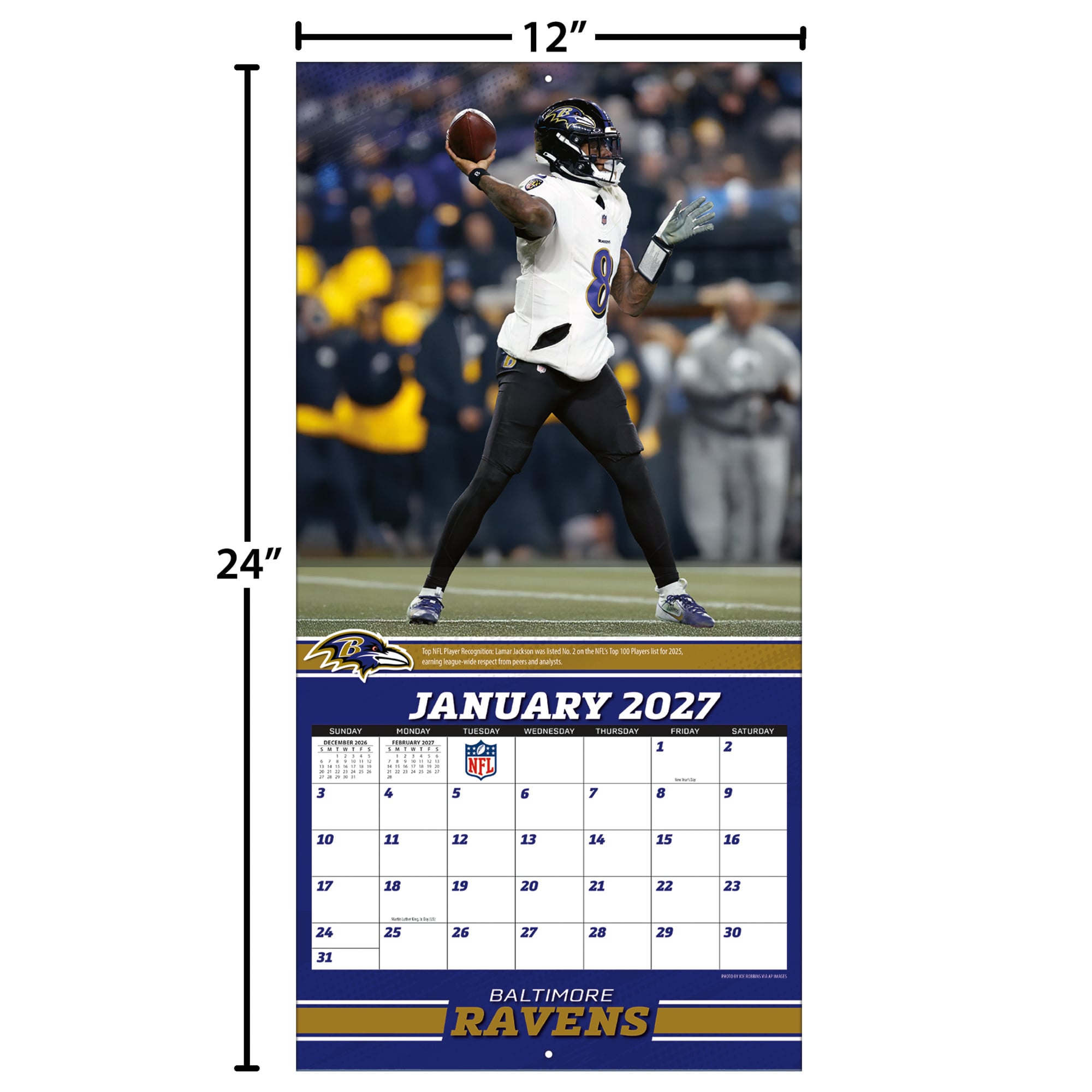 2027 Baltimore Ravens Lamar Jackson, 12x12 Team Wall Calendar, 12"x12", Multicolor