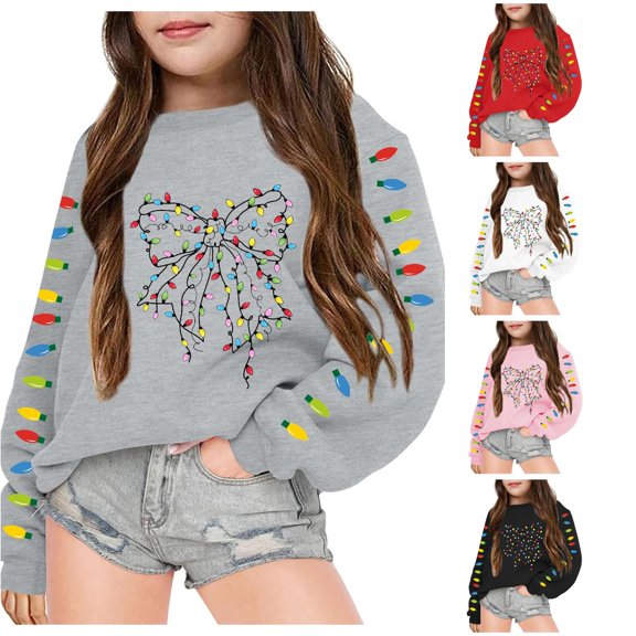 Oiyii Big Girl's Christmas Bow Graphic Sweatshirt Long Sleeve Crew Neck Sweatshirts Holiday Pullover Top,Grey
