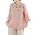 thumbnail image 2 of Neewe Womens Embroidery 3/4 Sleeve Tops Cotton Linen Shirts V Neck Lace Casual Loose Fit Blouses Boho Fashion, 2 of 8