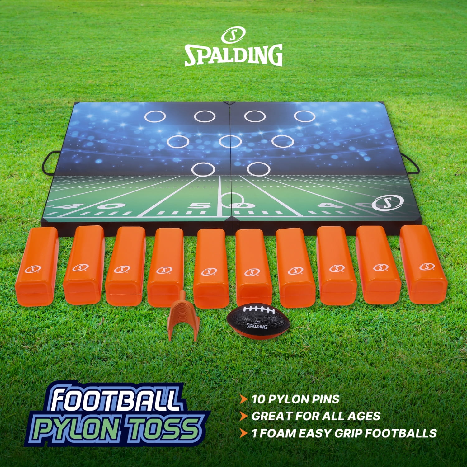 Spalding Football Pylon Toss Game, Easy-Grip Foam Football with Wooden Base & 10 Pins, Fun Backyard Target Challenge Set for All Ages, Great for Lawn, Beach, or Tailgate Play
